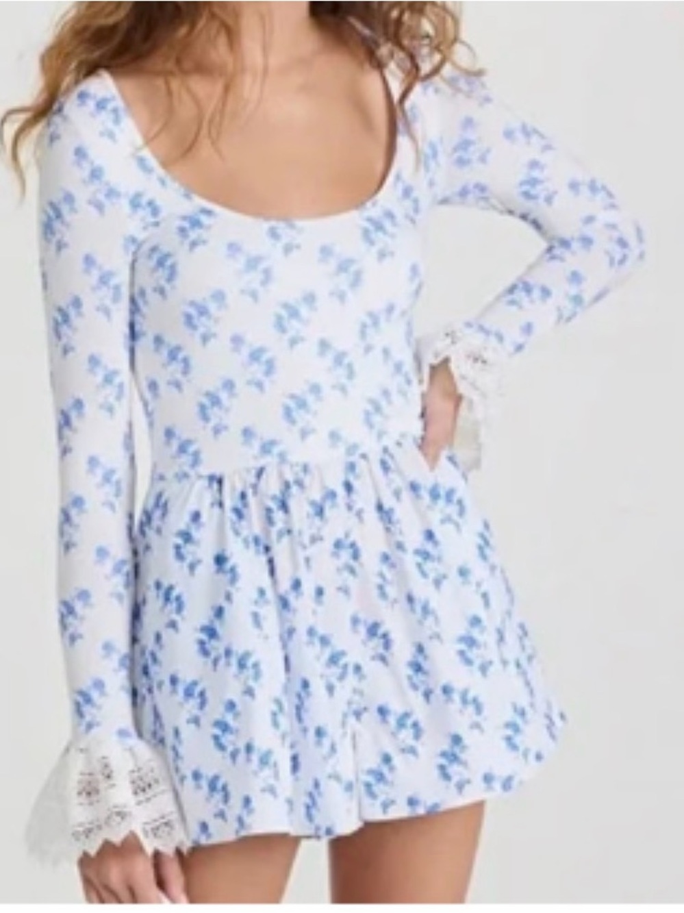 Caroline Constas Floral Romper Long Sleeve Lace Trim